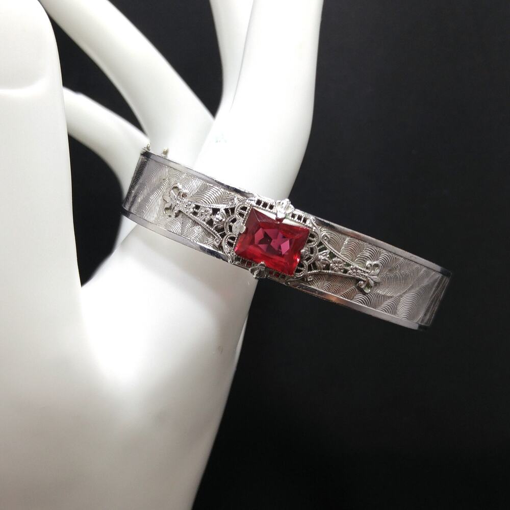 Emerald Cut Red Rhinestone Hinged Bracelet, Silver Tone, 1970s Vintage Jewelry